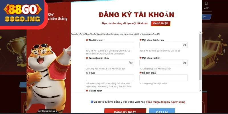 Các bước đăng ký tài khoản hội viên tại 88GO